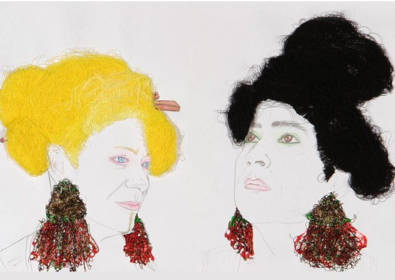 Geishas - Graphite, color pencil, glitter and thread appliqués on paper 0.35 x 0.50 mts c/u.