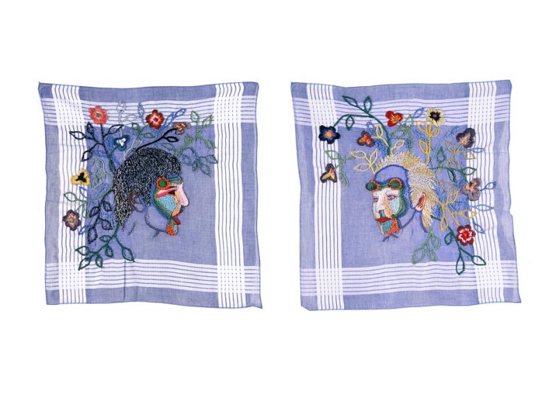 Kabuki (diptic) - Hand embroidery with cotton thread and rayon on men´s handkerchief 0.51 x 0.54 mts each.