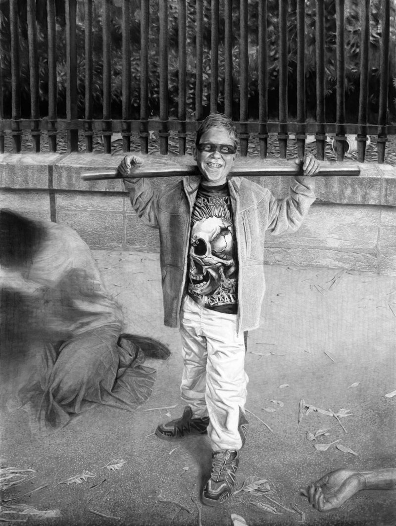 Jérôme Zonder, Baptiste au Luxembourg, 2011, mine de plomb et fusain sur papier, 200×150 cm © Collection privée, Bâle