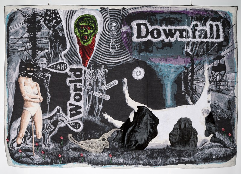 Damien DEROUBAIX World Downfall, 2014 tapisserie en 3 panneaux assemblés : fils de laine, broderie, cuir, dentelle 268 x 410 cm Pièce unique