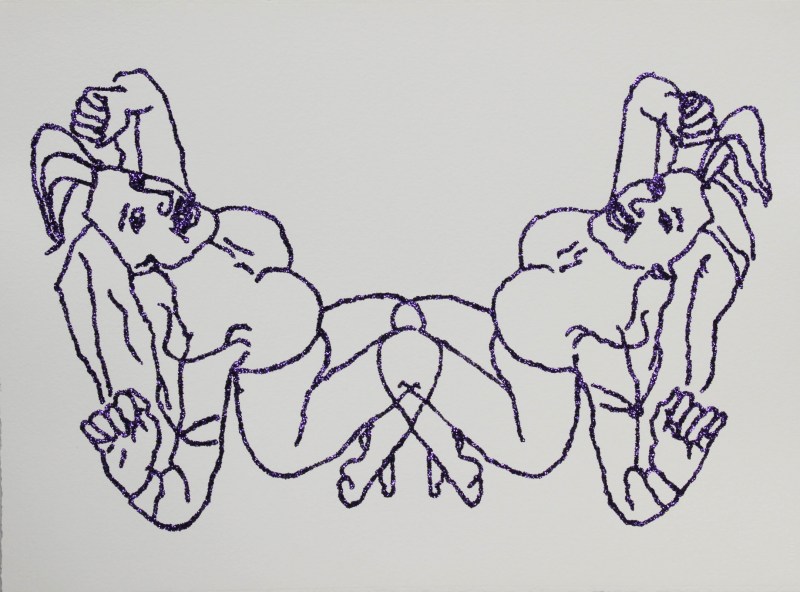 Atlas Féministe Frances Goodman 2016 — 58 x 67 cm. Dessins à la paillettes mauves d'oeuvres d'artistes femmes représentant des corps de femmes transformés par l'artiste en symboles féministes. 2016 — 22, 83 x 26, 37 Inches. Drawings with purple glitter remaking drawings by women artists representing women's bodies transformed in feminist symbols.